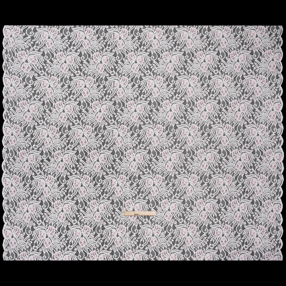 Re-Embroidered Stretch Lace with Finished Edges - Ivory and Roseate Pink Blossom Trios and Leaves - Tatiana Collection Re-Embroidered Stretch Lace with Finished Edges - Ivory and Roseate Pink Blossom Trios and Leaves - Tatiana Collection