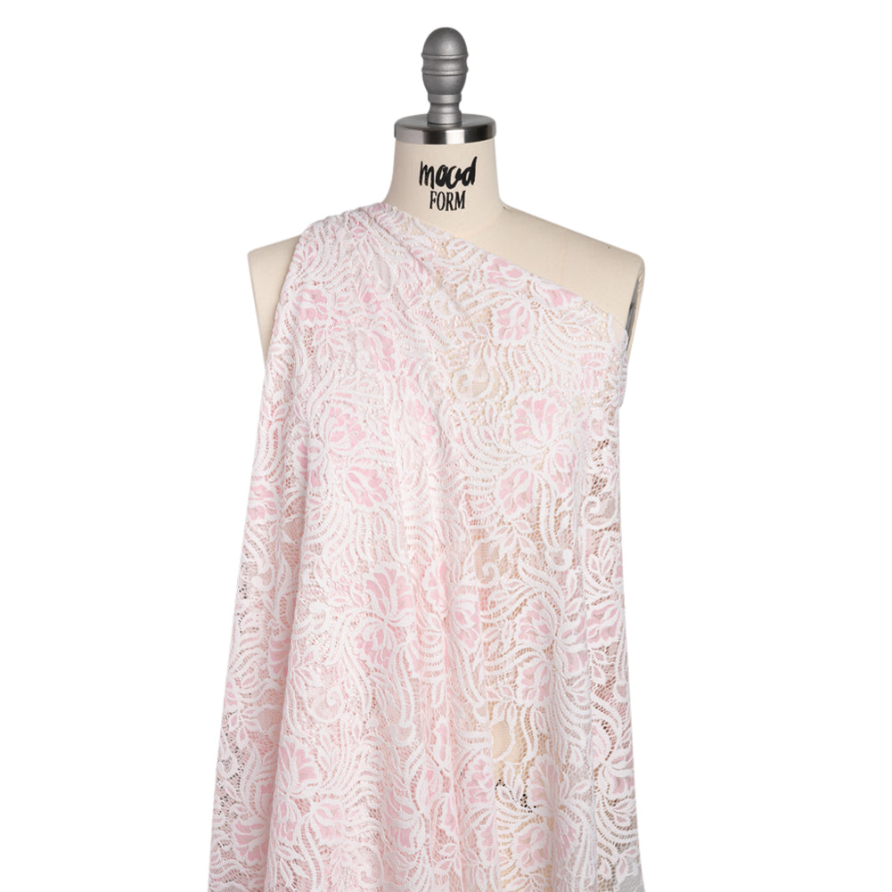 Re-Embroidered Stretch Lace with Finished Edges - Ivory and Roseate Pink Blossom Trios and Leaves - Tatiana Collection Re-Embroidered Stretch Lace with Finished Edges - Ivory and Roseate Pink Blossom Trios and Leaves - Tatiana Collection