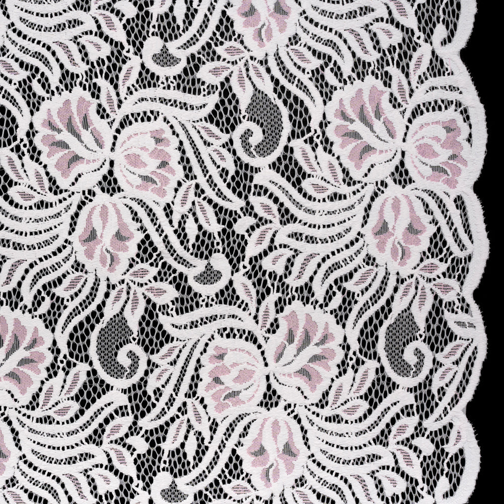 Re-Embroidered Stretch Lace with Finished Edges - Ivory and Roseate Pink Blossom Trios and Leaves - Tatiana Collection Re-Embroidered Stretch Lace with Finished Edges - Ivory and Roseate Pink Blossom Trios and Leaves - Tatiana Collection