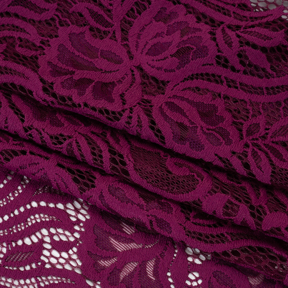 Re-Embroidered Stretch Lace with Finished Edges - Florentina Plum Purple Blossom Trios and Leaves - Tatiana Collection Re-Embroidered Stretch Lace with Finished Edges - Florentina Plum Purple Blossom Trios and Leaves - Tatiana Collection