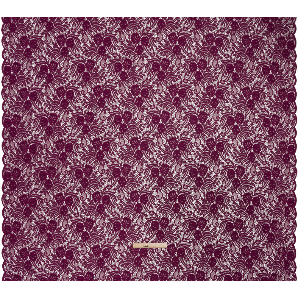 Re-Embroidered Stretch Lace with Finished Edges - Florentina Plum Purple Blossom Trios and Leaves - Tatiana Collection Re-Embroidered Stretch Lace with Finished Edges - Florentina Plum Purple Blossom Trios and Leaves - Tatiana Collection