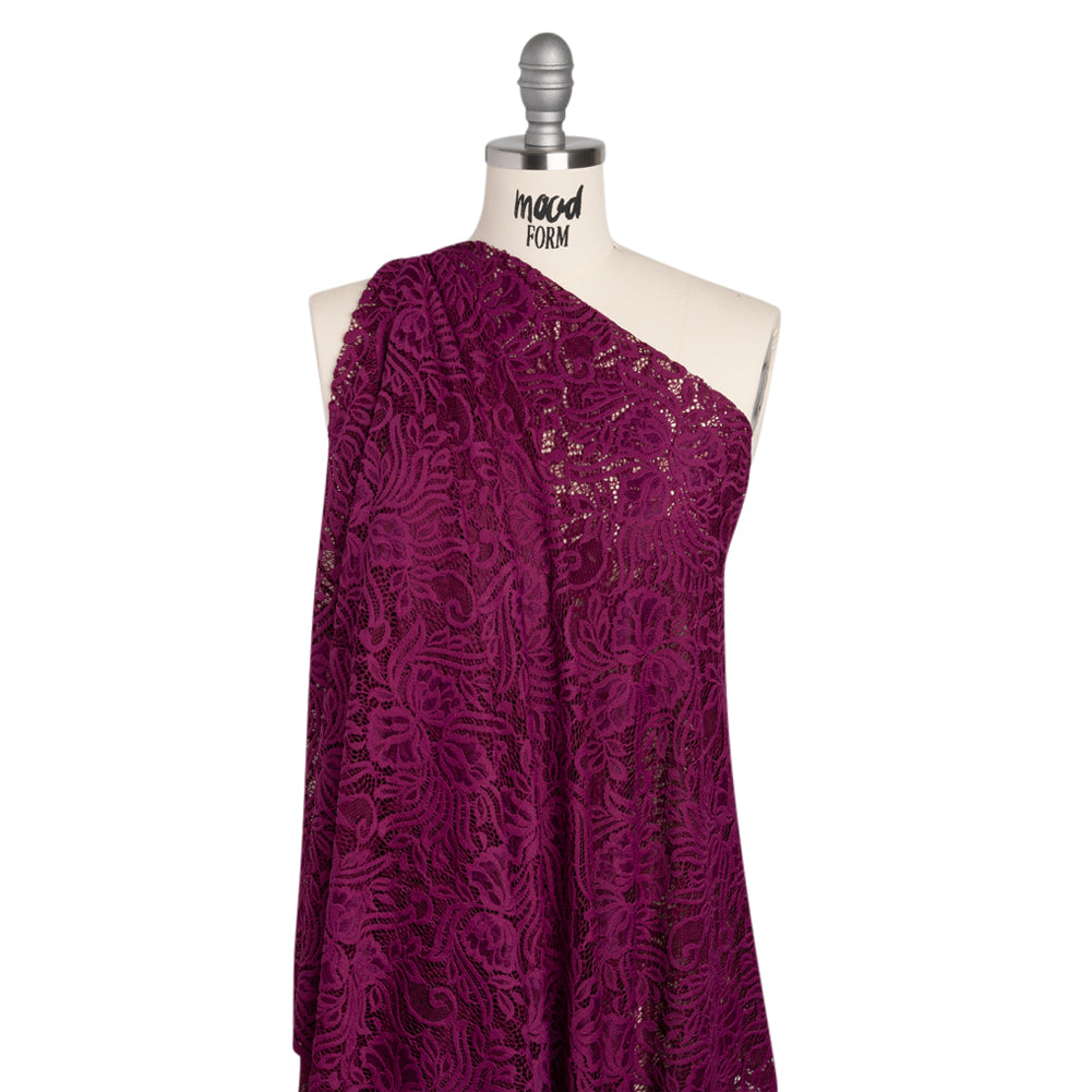 Re-Embroidered Stretch Lace with Finished Edges - Florentina Plum Purple Blossom Trios and Leaves - Tatiana Collection Re-Embroidered Stretch Lace with Finished Edges - Florentina Plum Purple Blossom Trios and Leaves - Tatiana Collection