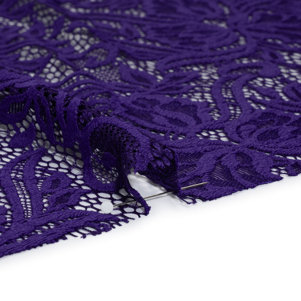 Re-Embroidered Stretch Lace with Finished Edges - Sweet Berry Blue Blossom Trios and Leaves - Tatiana Collection - Detail Re-Embroidered Stretch Lace with Finished Edges - Sweet Berry Blue Blossom Trios and Leaves - Tatiana Collection - Detail