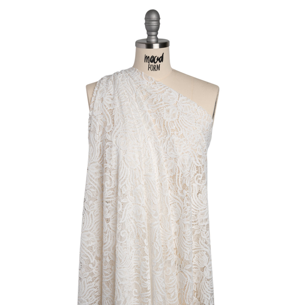 Re-Embroidered Stretch Lace with Finished Edges - Ivory Blossom Trios and Leaves - Tatiana Collection - Drape Re-Embroidered Stretch Lace with Finished Edges - Ivory Blossom Trios and Leaves - Tatiana Collection - Drape