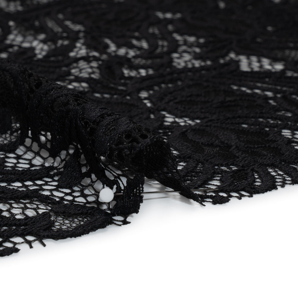 Re-Embroidered Stretch Lace with Finished Edges - Black Blossom Trios and Leaves - Tatiana Collection Re-Embroidered Stretch Lace with Finished Edges - Black Blossom Trios and Leaves - Tatiana Collection
