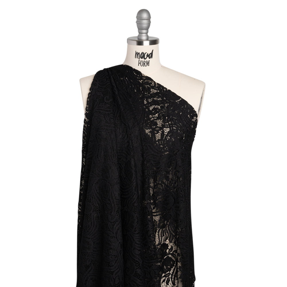 Re-Embroidered Stretch Lace with Finished Edges - Black Blossom Trios and Leaves - Tatiana Collection Re-Embroidered Stretch Lace with Finished Edges - Black Blossom Trios and Leaves - Tatiana Collection