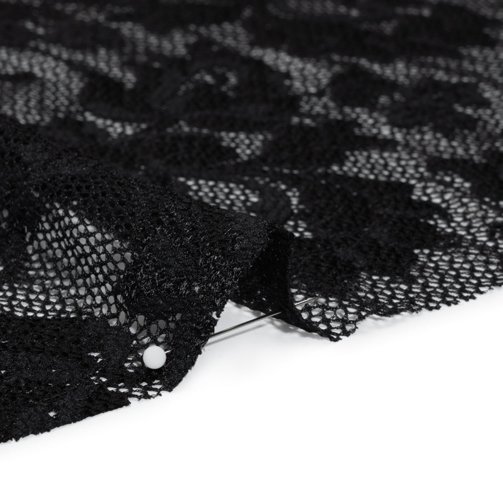 Stretch Raschel Lace with Finished Edges - Black Ornate Floral - Detail Stretch Raschel Lace with Finished Edges - Black Ornate Floral - Detail