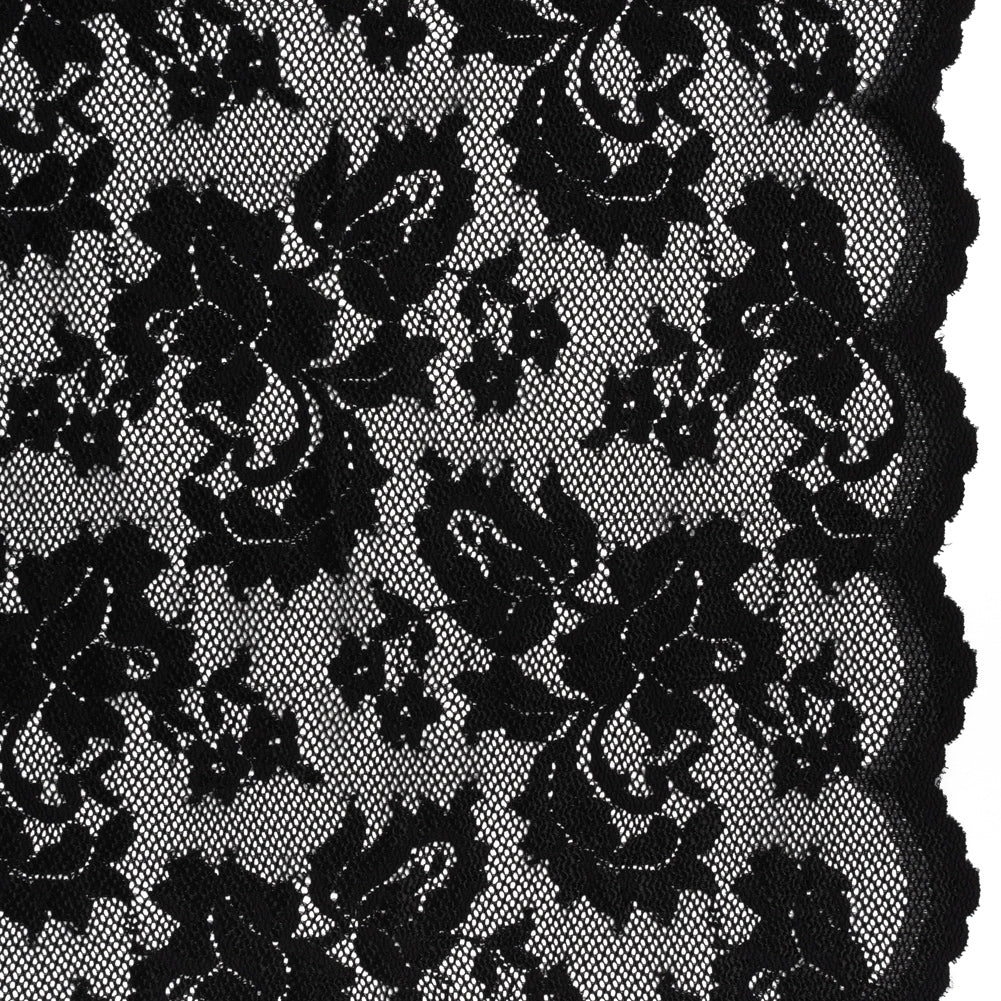 Stretch Raschel Lace with Finished Edges - Black Ornate Floral Stretch Raschel Lace with Finished Edges - Black Ornate Floral