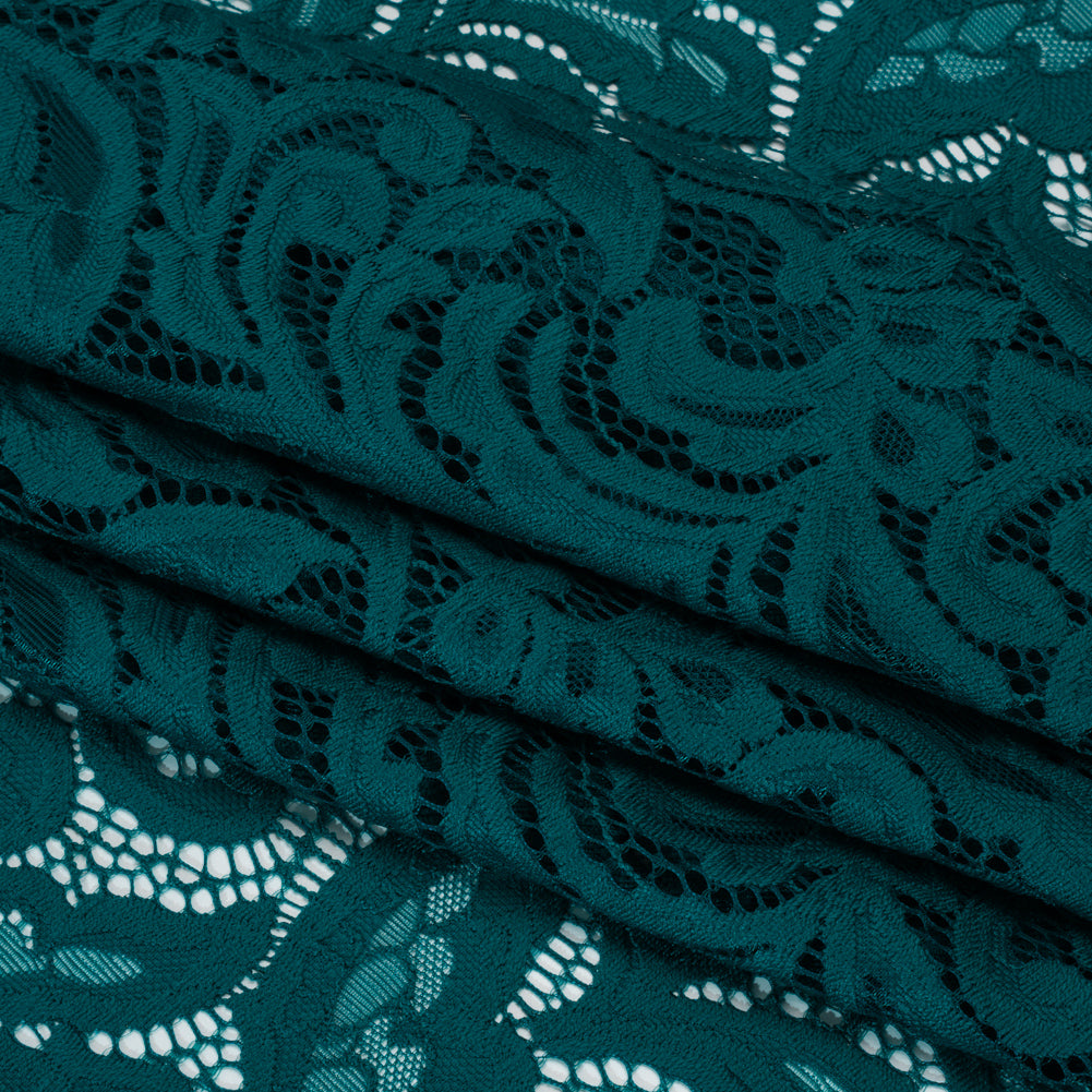 Stretch Re-Embroidered Lace with Finished Edges - Teal Paisley Leaves and Florals Stretch Re-Embroidered Lace with Finished Edges - Teal Paisley Leaves and Florals