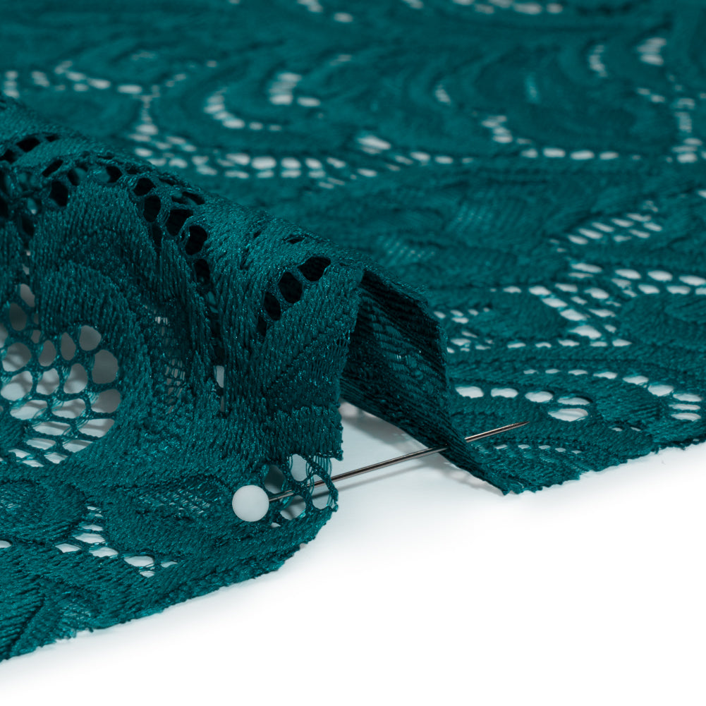 Stretch Re-Embroidered Lace with Finished Edges - Teal Paisley Leaves and Florals Stretch Re-Embroidered Lace with Finished Edges - Teal Paisley Leaves and Florals