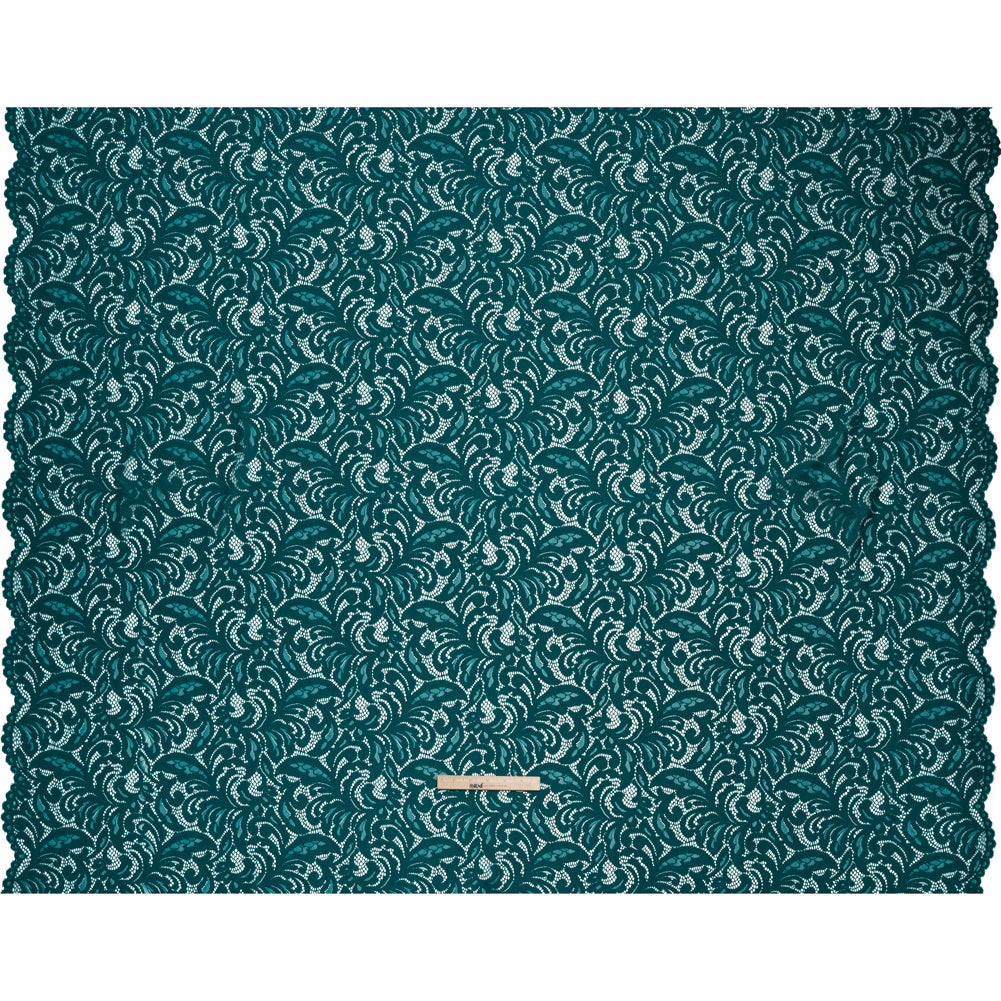 Stretch Re-Embroidered Lace with Finished Edges - Teal Paisley Leaves and Florals Stretch Re-Embroidered Lace with Finished Edges - Teal Paisley Leaves and Florals
