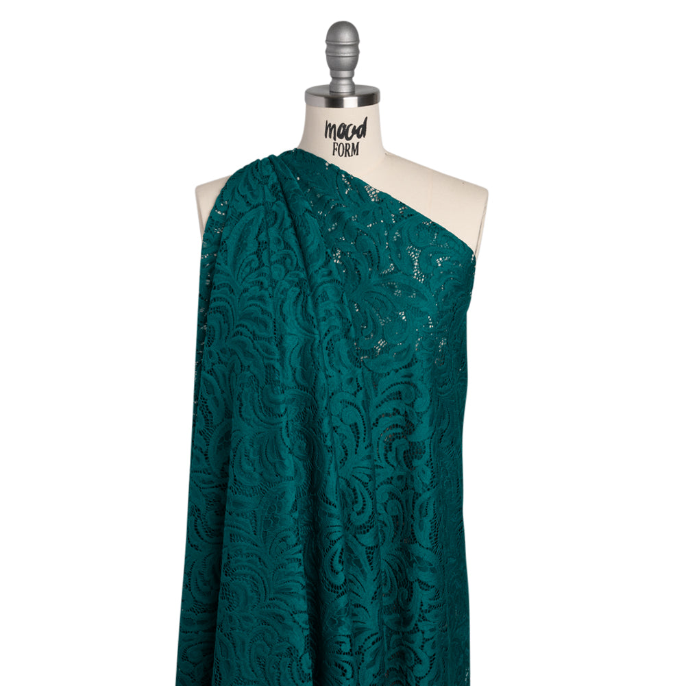 Stretch Re-Embroidered Lace with Finished Edges - Teal Paisley Leaves and Florals Stretch Re-Embroidered Lace with Finished Edges - Teal Paisley Leaves and Florals