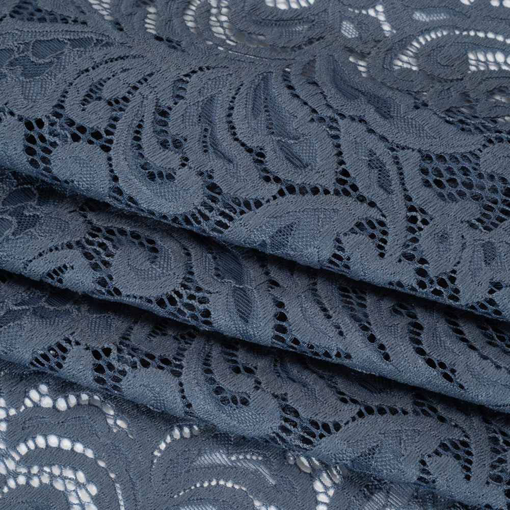 Stretch Re-Embroidered Lace with Finished Edges - True Indigo Paisley Leaves and Florals Stretch Re-Embroidered Lace with Finished Edges - True Indigo Paisley Leaves and Florals