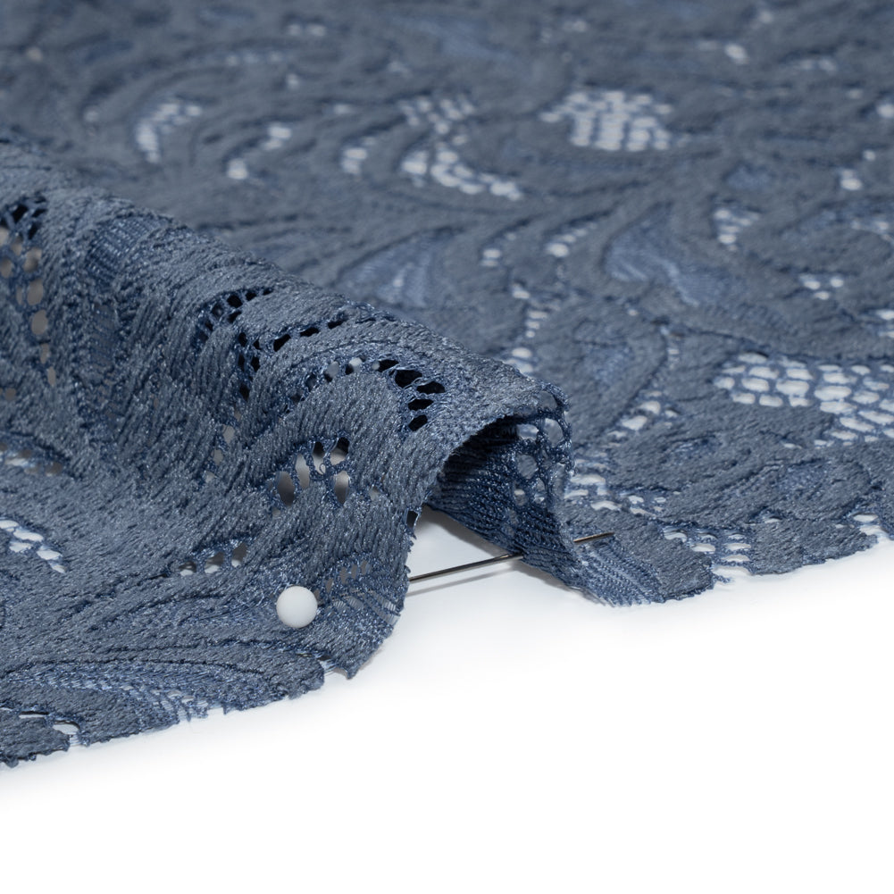 Stretch Re-Embroidered Lace with Finished Edges - True Indigo Paisley Leaves and Florals Stretch Re-Embroidered Lace with Finished Edges - True Indigo Paisley Leaves and Florals