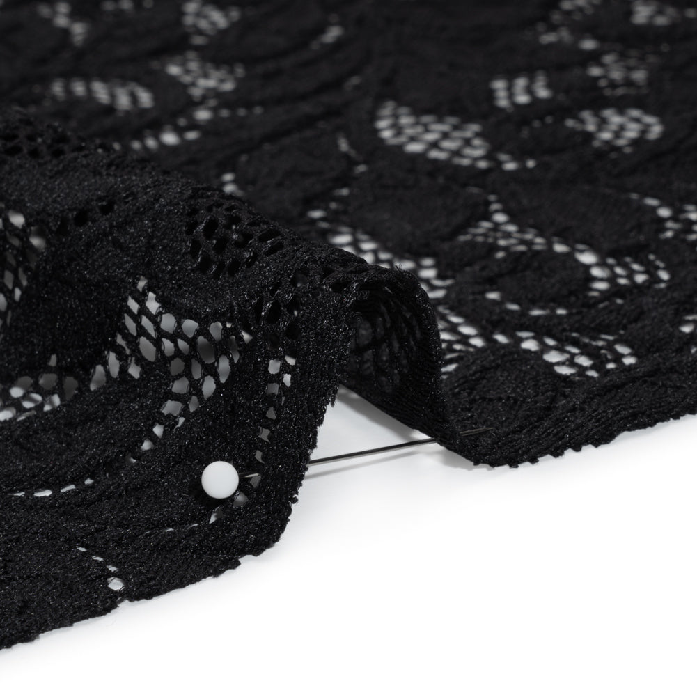 Stretch Re-Embroidered Lace with Finished Edges - Black Curling Leafy Stems Stretch Re-Embroidered Lace with Finished Edges - Black Curling Leafy Stems