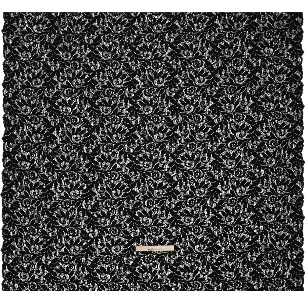 Stretch Re-Embroidered Lace with Finished Edges - Black Curling Leafy Stems Stretch Re-Embroidered Lace with Finished Edges - Black Curling Leafy Stems