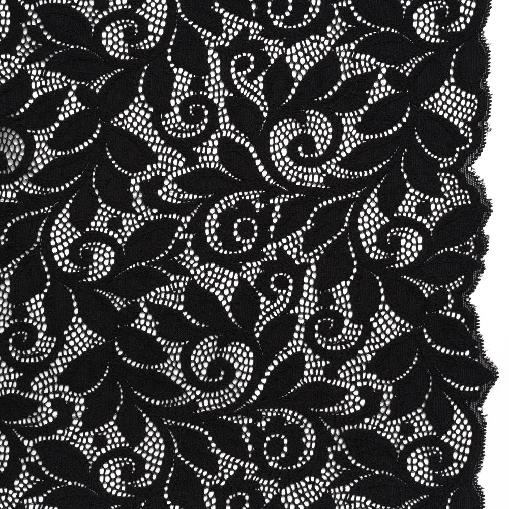 Stretch Re-Embroidered Lace with Finished Edges - Black Curling Leafy Stems Stretch Re-Embroidered Lace with Finished Edges - Black Curling Leafy Stems