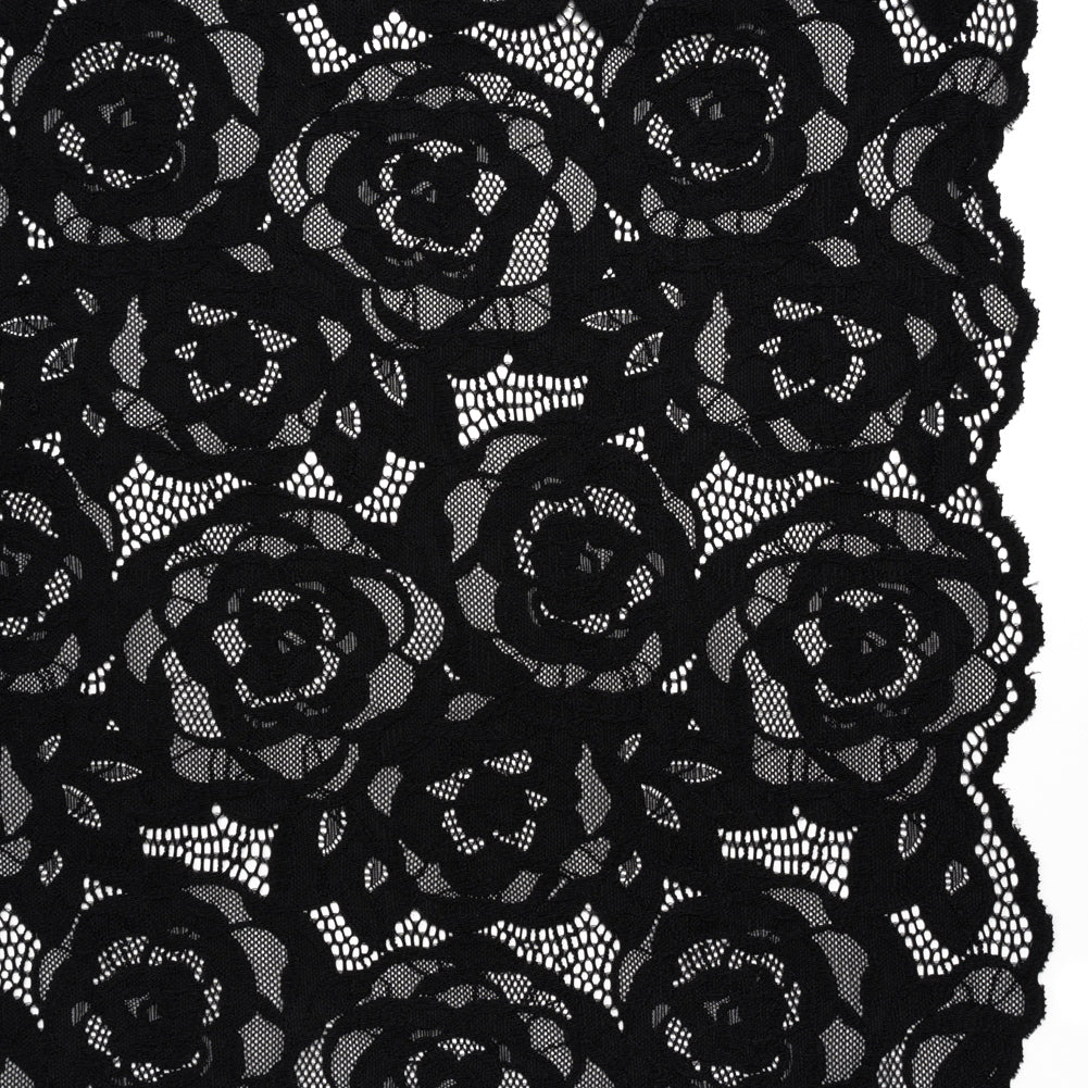Stretch Re-Embroidered Lace with Finished Edges - Black All-Over Roses Stretch Re-Embroidered Lace with Finished Edges - Black All-Over Roses