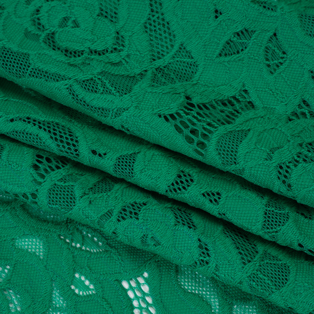 Stretch Re-Embroidered Lace with Finished Edges - Emerald All-Over Roses - Folded Stretch Re-Embroidered Lace with Finished Edges - Emerald All-Over Roses - Folded