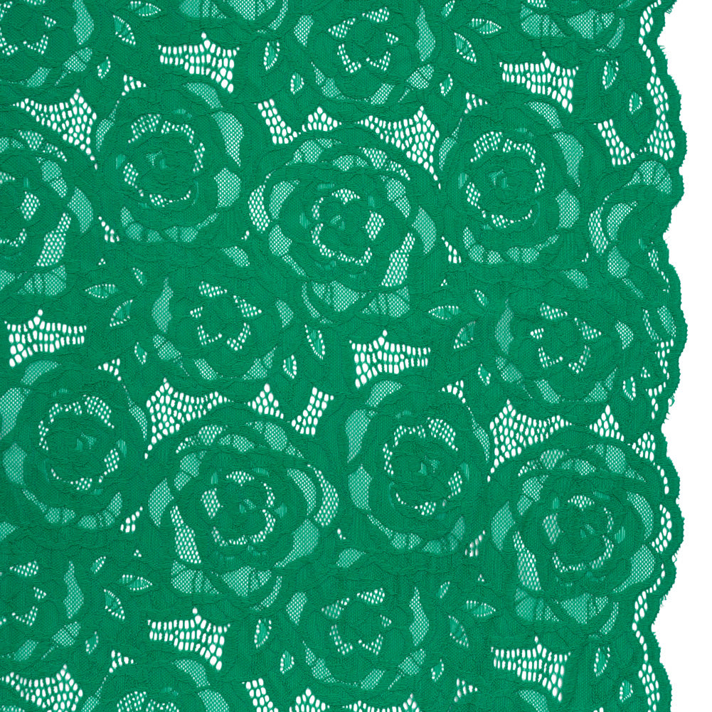 Stretch Re-Embroidered Lace with Finished Edges - Emerald All-Over Roses Stretch Re-Embroidered Lace with Finished Edges - Emerald All-Over Roses