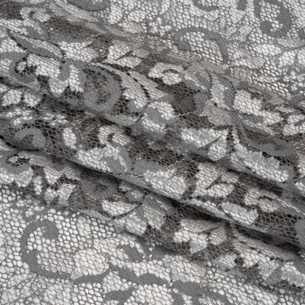Stretch Raschel Lace with Finished Scalloped Edges - Luminous Silver and Gray Flowers, Leaves and Swirls - Crina Collection Stretch Raschel Lace with Finished Scalloped Edges - Luminous Silver and Gray Flowers, Leaves and Swirls - Crina Collection