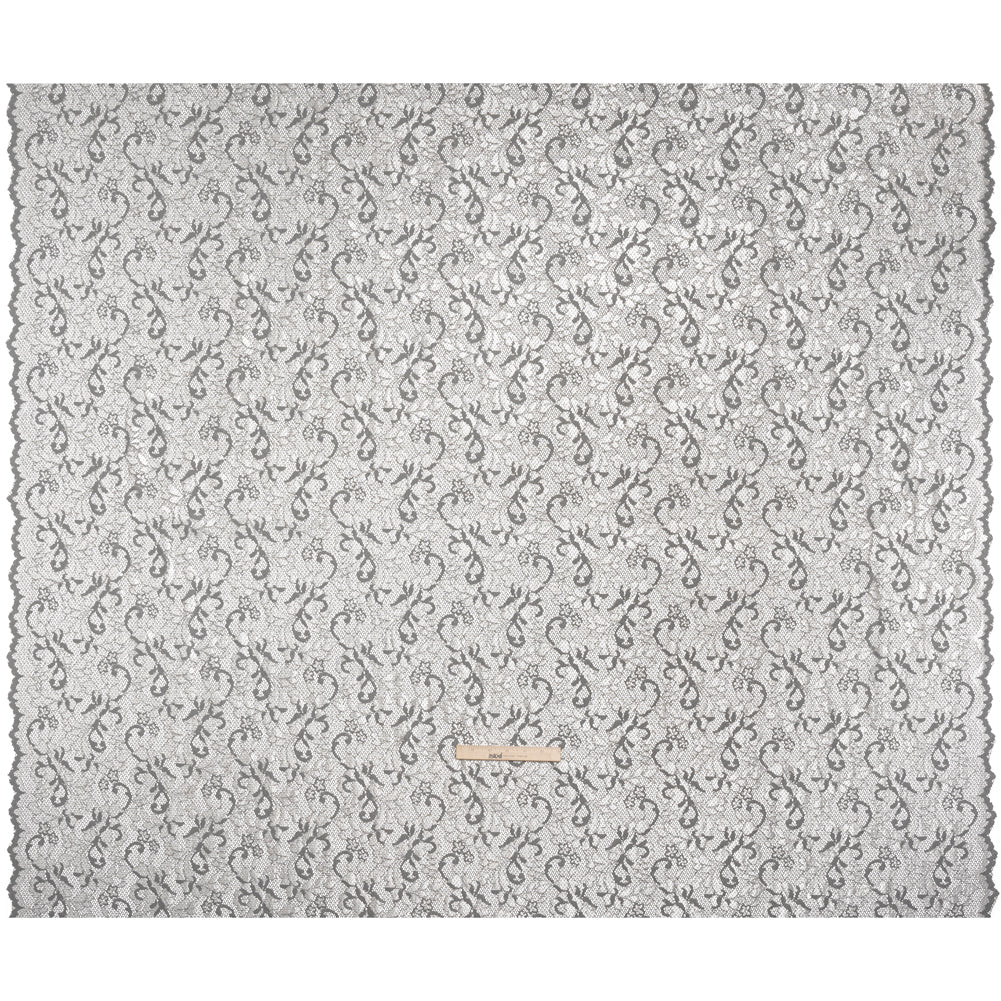 Stretch Raschel Lace with Finished Scalloped Edges - Luminous Silver and Gray Flowers, Leaves and Swirls - Crina Collection Stretch Raschel Lace with Finished Scalloped Edges - Luminous Silver and Gray Flowers, Leaves and Swirls - Crina Collection