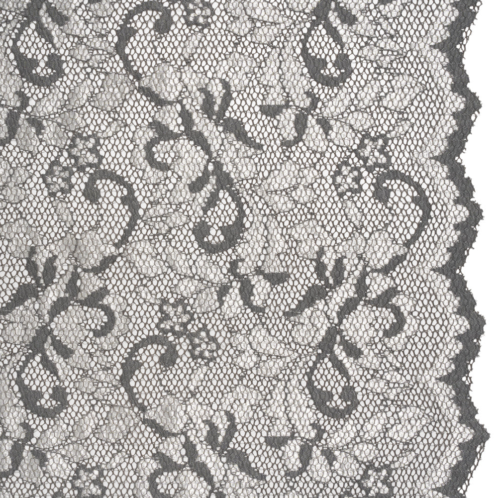 Stretch Raschel Lace with Finished Scalloped Edges - Luminous Silver and Gray Flowers, Leaves and Swirls - Crina Collection Stretch Raschel Lace with Finished Scalloped Edges - Luminous Silver and Gray Flowers, Leaves and Swirls - Crina Collection