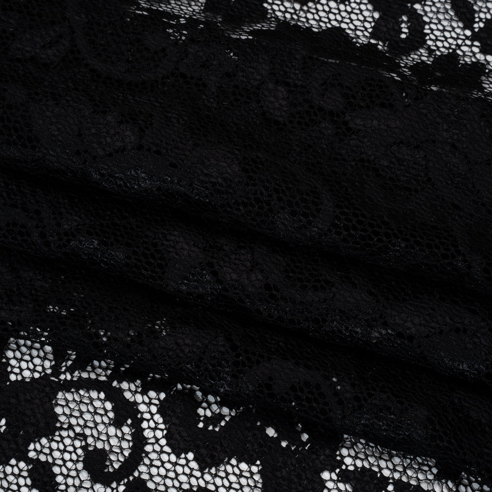 Stretch Raschel Lace with Finished Scalloped Edges - Black Flowers, Leaves and Swirls - Crina Collection - Folded Stretch Raschel Lace with Finished Scalloped Edges - Black Flowers, Leaves and Swirls - Crina Collection - Folded