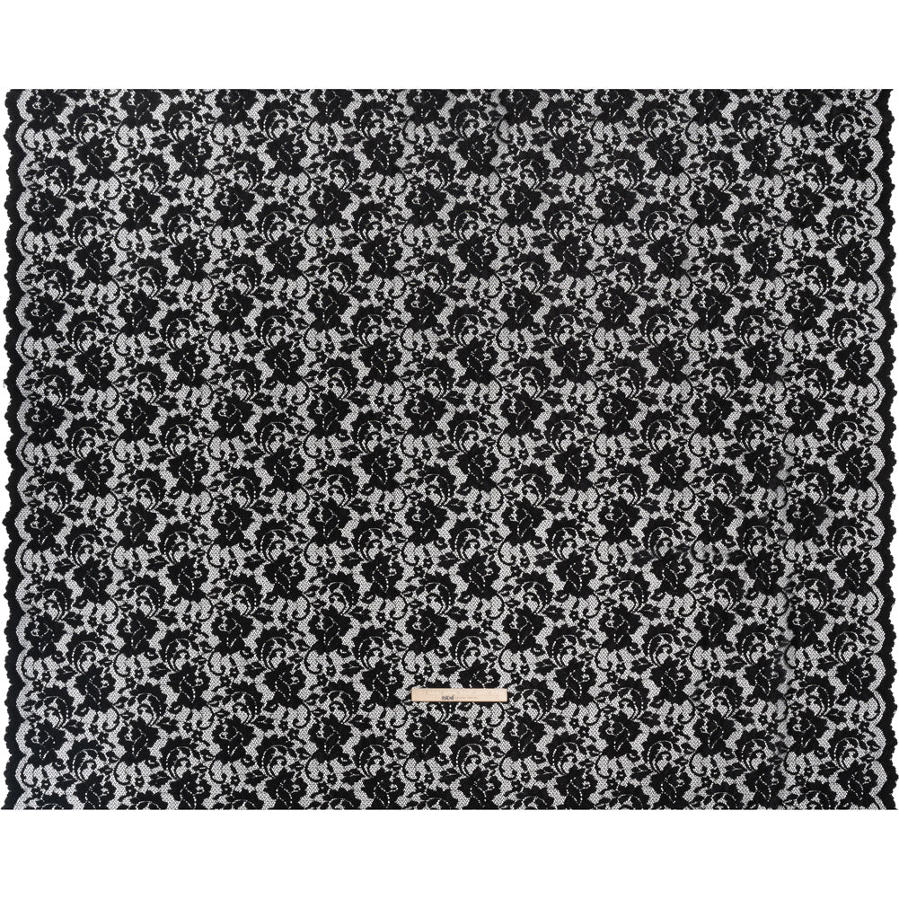 Stretch Raschel Lace with Finished Scalloped Edges - Black Flowers, Leaves and Swirls - Crina Collection - Full Stretch Raschel Lace with Finished Scalloped Edges - Black Flowers, Leaves and Swirls - Crina Collection - Full