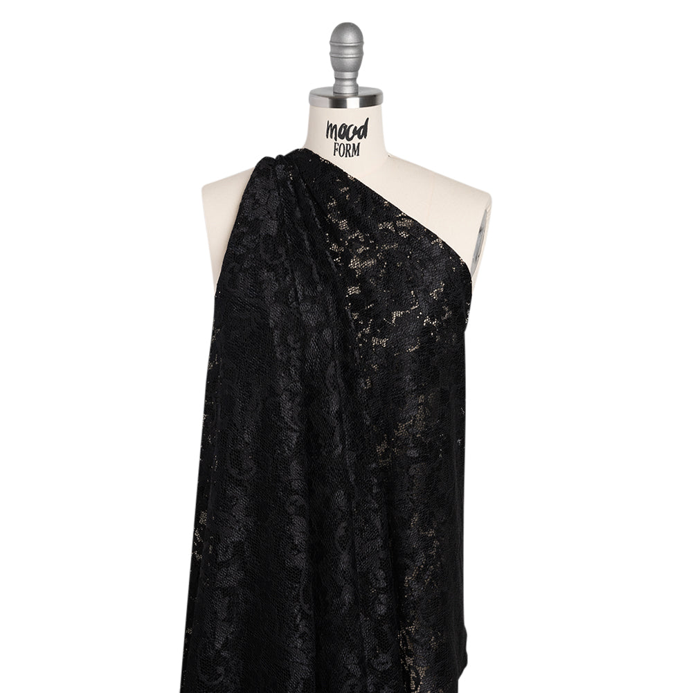 Stretch Raschel Lace with Finished Scalloped Edges - Black Flowers, Leaves and Swirls - Crina Collection - Drape Stretch Raschel Lace with Finished Scalloped Edges - Black Flowers, Leaves and Swirls - Crina Collection - Drape