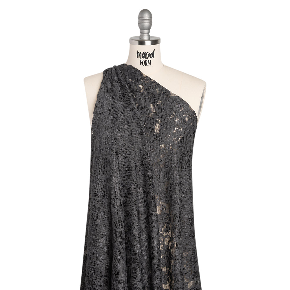 Stretch Raschel Lace with Finished Scalloped Edges - Luminous Gunmetal Gray Flowers, Leaves and Swirls - Crina Collection Stretch Raschel Lace with Finished Scalloped Edges - Luminous Gunmetal Gray Flowers, Leaves and Swirls - Crina Collection