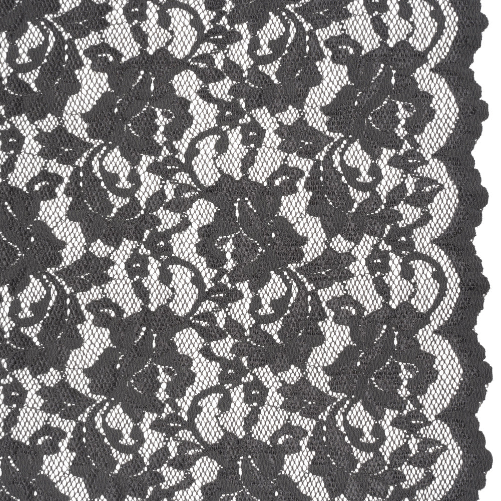 Stretch Raschel Lace with Finished Scalloped Edges - Luminous Gunmetal Gray Flowers, Leaves and Swirls - Crina Collection Stretch Raschel Lace with Finished Scalloped Edges - Luminous Gunmetal Gray Flowers, Leaves and Swirls - Crina Collection