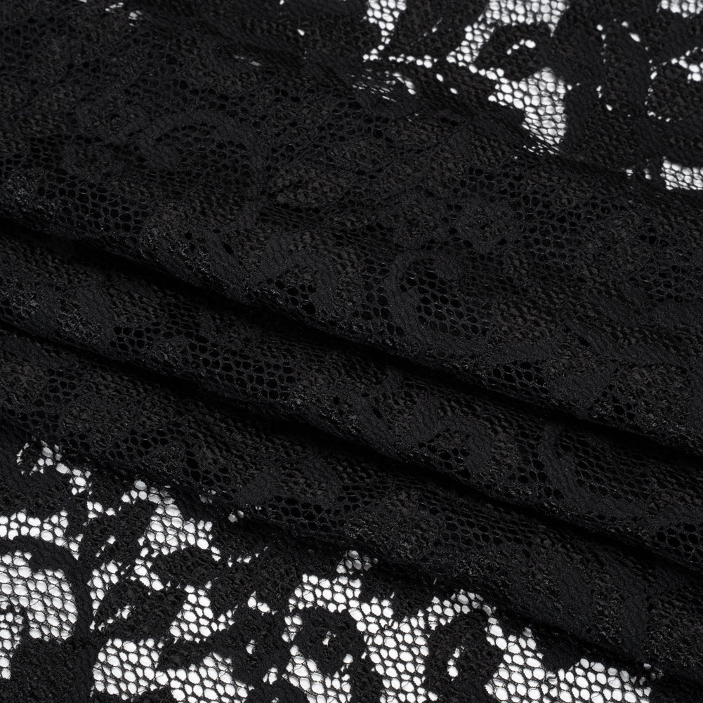 Stretch Raschel Lace with Finished Scalloped Edges - Luminous Black Flowers, Leaves and Swirls - Crina Collection - Folded Stretch Raschel Lace with Finished Scalloped Edges - Luminous Black Flowers, Leaves and Swirls - Crina Collection - Folded