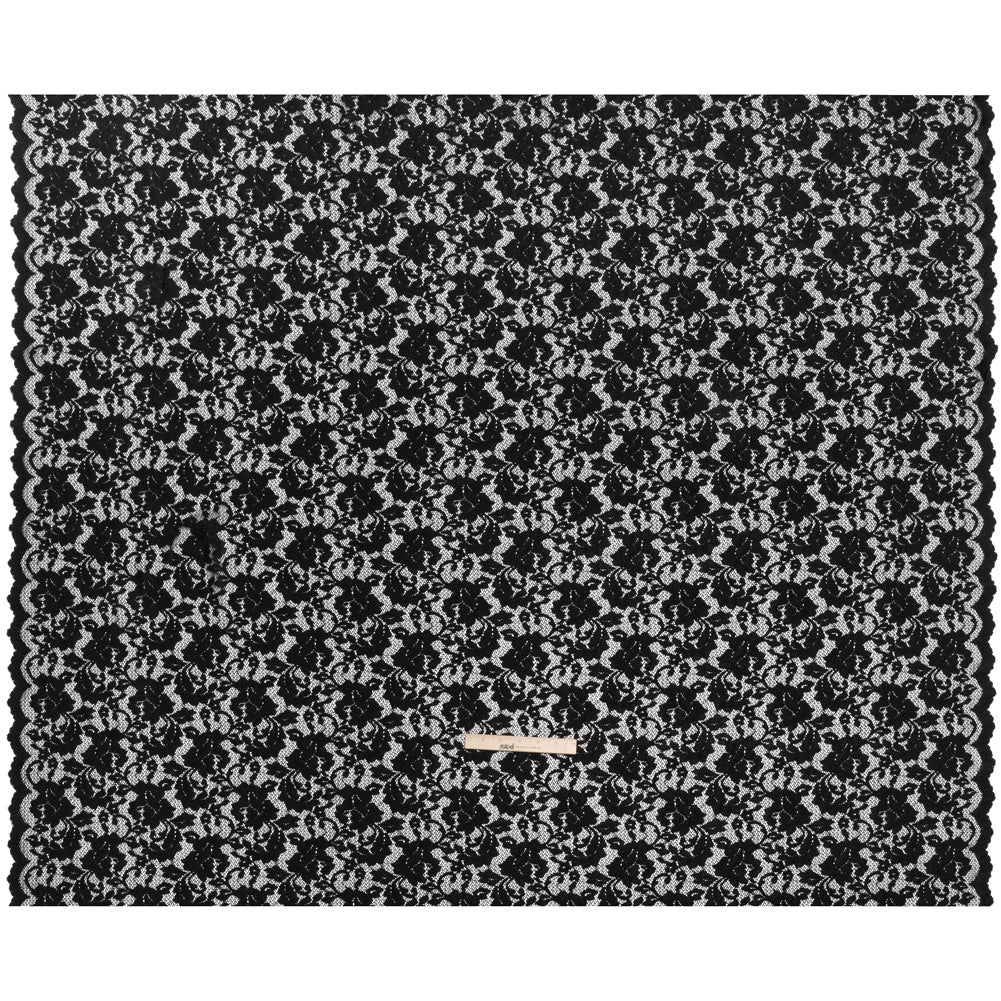 Stretch Raschel Lace with Finished Scalloped Edges - Luminous Black Flowers, Leaves and Swirls - Crina Collection - Full Stretch Raschel Lace with Finished Scalloped Edges - Luminous Black Flowers, Leaves and Swirls - Crina Collection - Full