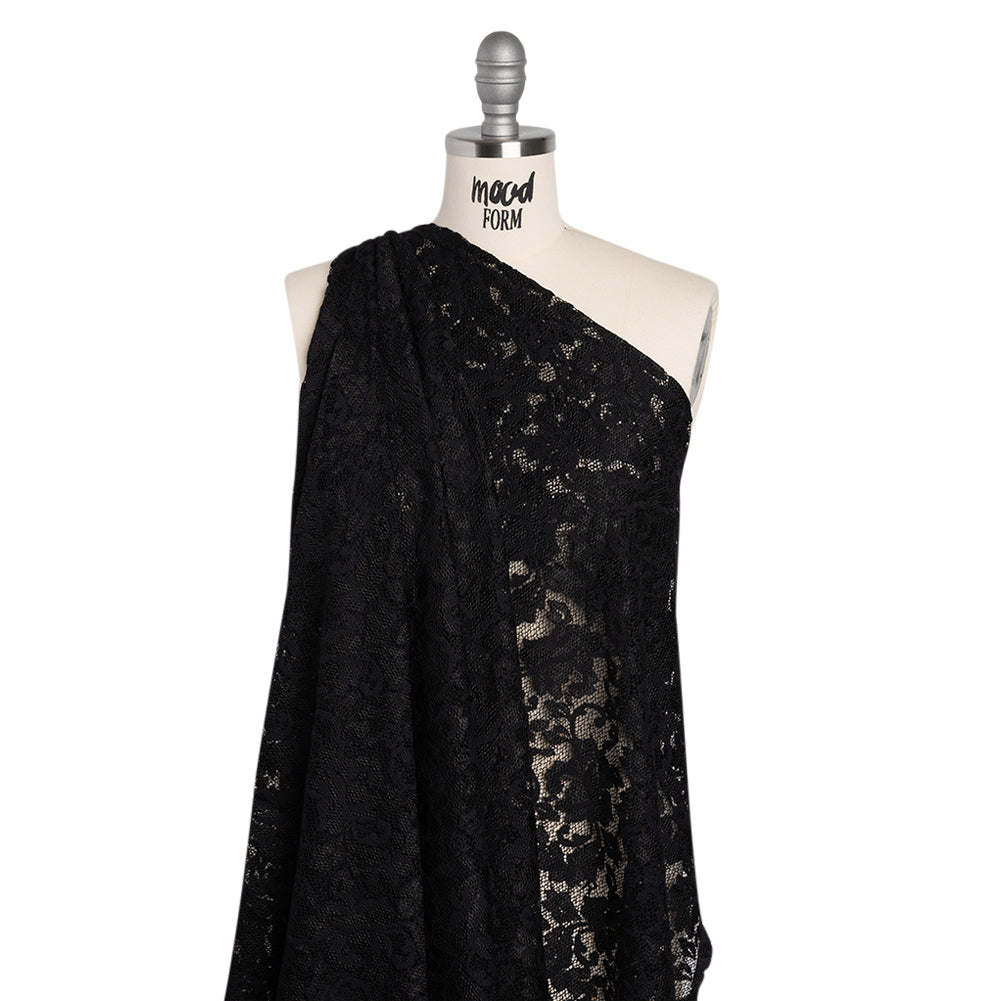 Stretch Raschel Lace with Finished Scalloped Edges - Luminous Black Flowers, Leaves and Swirls - Crina Collection - Drape Stretch Raschel Lace with Finished Scalloped Edges - Luminous Black Flowers, Leaves and Swirls - Crina Collection - Drape