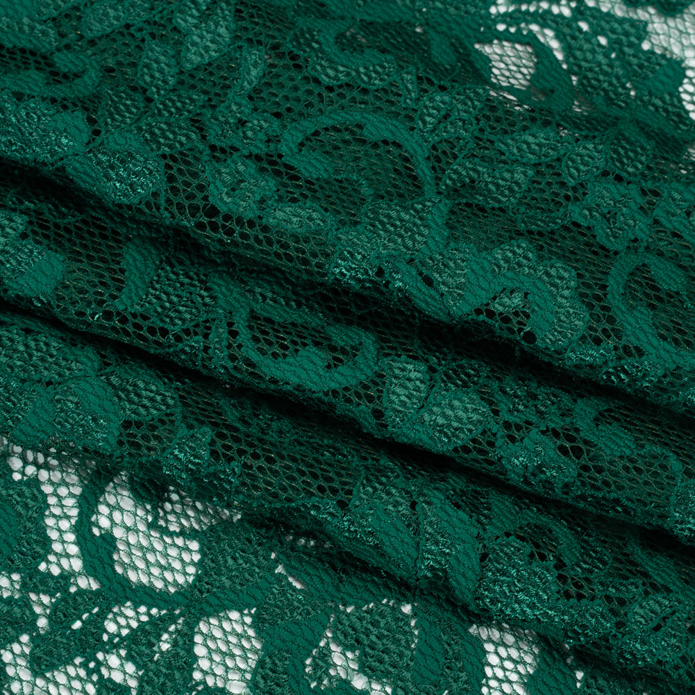 Stretch Raschel Lace with Finished Scalloped Edges - Luminous Jungle Green Flowers, Leaves and Swirls - Crina Collection Stretch Raschel Lace with Finished Scalloped Edges - Luminous Jungle Green Flowers, Leaves and Swirls - Crina Collection