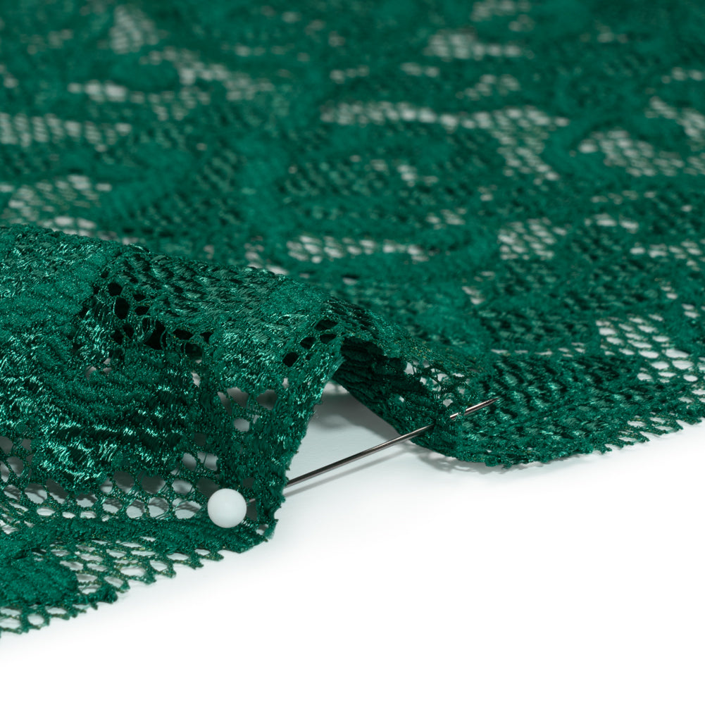 Stretch Raschel Lace with Finished Scalloped Edges - Luminous Jungle Green Flowers, Leaves and Swirls - Crina Collection Stretch Raschel Lace with Finished Scalloped Edges - Luminous Jungle Green Flowers, Leaves and Swirls - Crina Collection