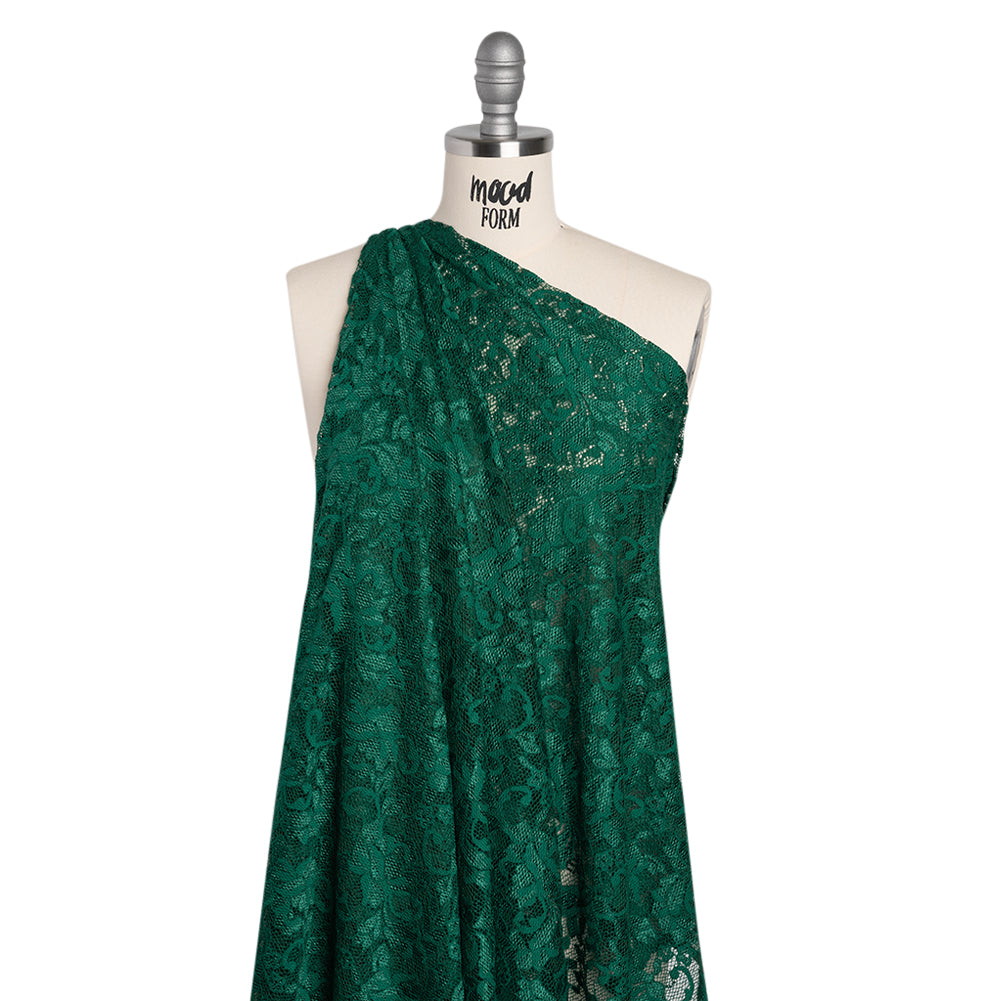 Stretch Raschel Lace with Finished Scalloped Edges - Luminous Jungle Green Flowers, Leaves and Swirls - Crina Collection Stretch Raschel Lace with Finished Scalloped Edges - Luminous Jungle Green Flowers, Leaves and Swirls - Crina Collection