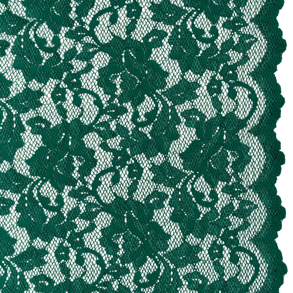 Stretch Raschel Lace with Finished Scalloped Edges - Luminous Jungle Green Flowers, Leaves and Swirls - Crina Collection Stretch Raschel Lace with Finished Scalloped Edges - Luminous Jungle Green Flowers, Leaves and Swirls - Crina Collection