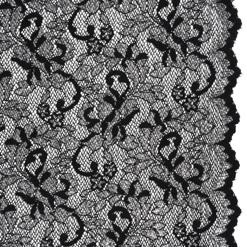 Stretch Raschel Lace with Finished Scalloped Edges - Metallic Silver and Black Flowers, Leaves and Swirls - Crina Collection Stretch Raschel Lace with Finished Scalloped Edges - Metallic Silver and Black Flowers, Leaves and Swirls - Crina Collection