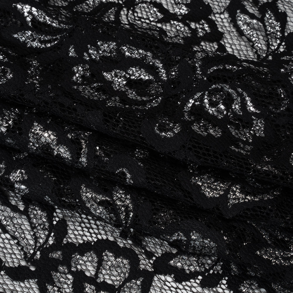 Stretch Metallic Raschel Lace with Finished Edges - Black and Silver Blooming Petals Stretch Metallic Raschel Lace with Finished Edges - Black and Silver Blooming Petals