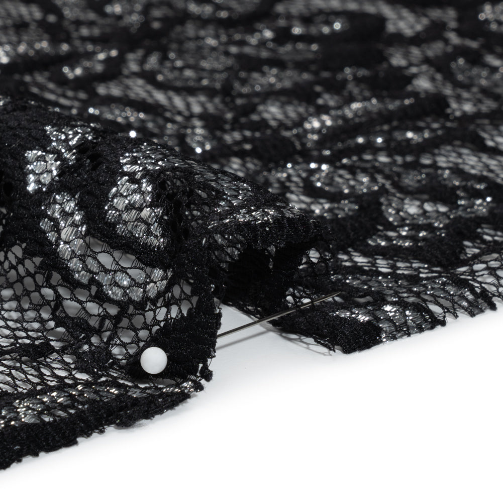 Stretch Metallic Raschel Lace with Finished Edges - Black and Silver Blooming Petals Stretch Metallic Raschel Lace with Finished Edges - Black and Silver Blooming Petals