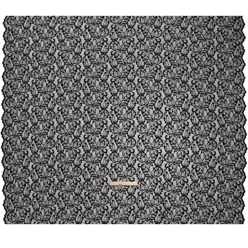 Stretch Metallic Raschel Lace with Finished Edges - Black and Silver Blooming Petals Stretch Metallic Raschel Lace with Finished Edges - Black and Silver Blooming Petals