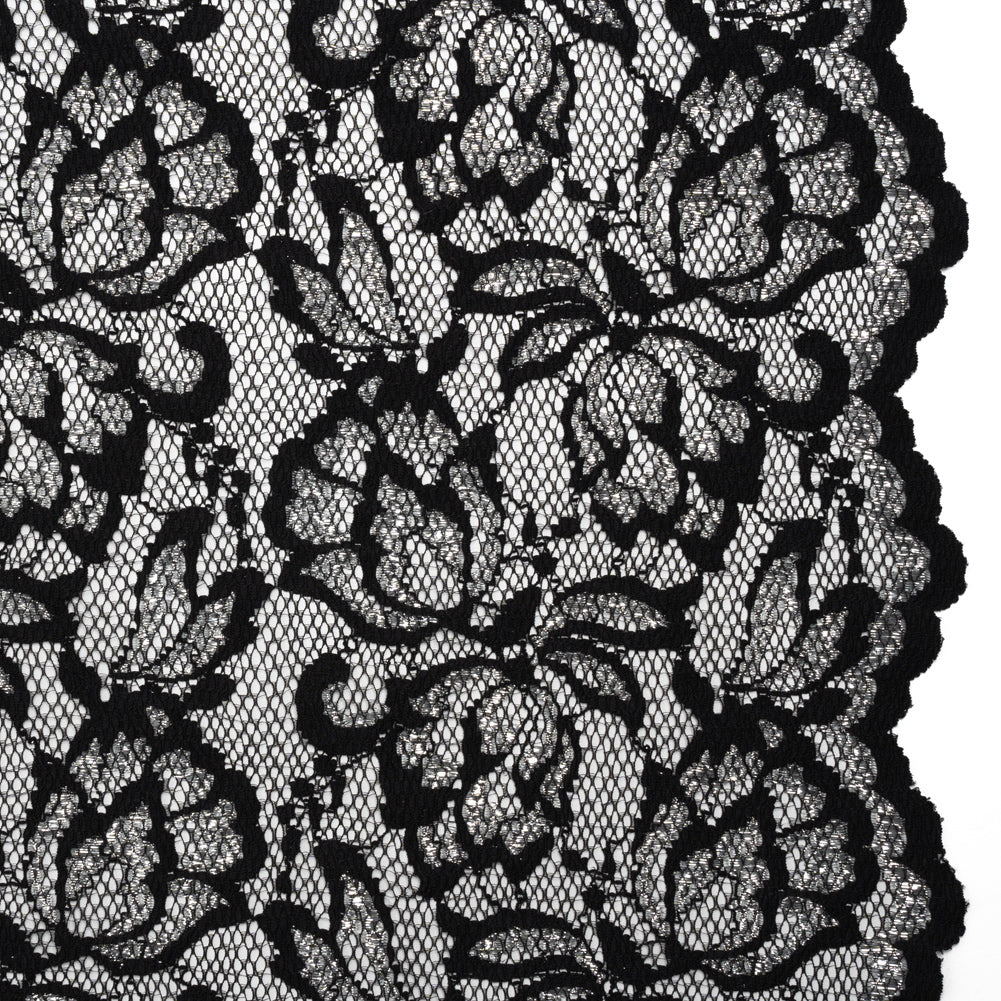 Stretch Metallic Raschel Lace with Finished Edges - Black and Silver Blooming Petals Stretch Metallic Raschel Lace with Finished Edges - Black and Silver Blooming Petals