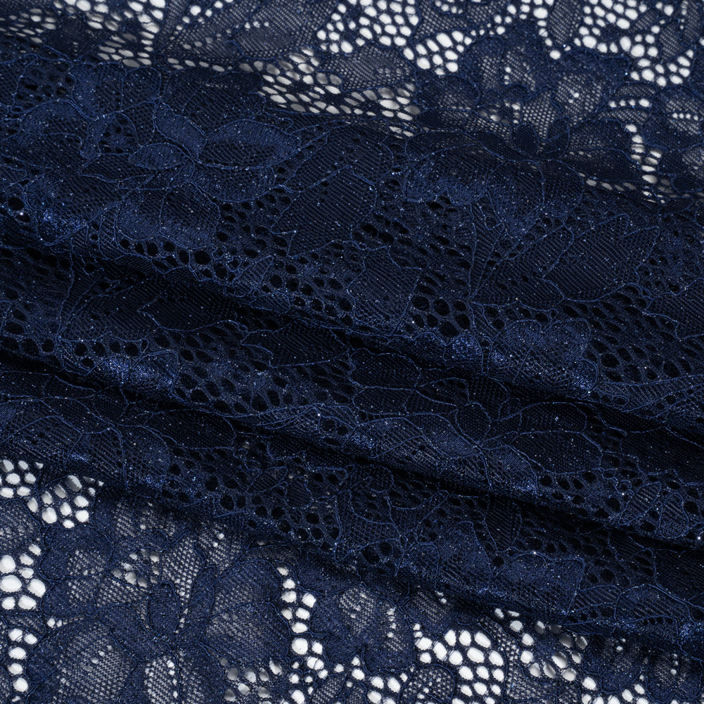 Stretch Corded Raschel Lace with All-Over Glitter - Navy on Navy Floral Stretch Corded Raschel Lace with All-Over Glitter - Navy on Navy Floral