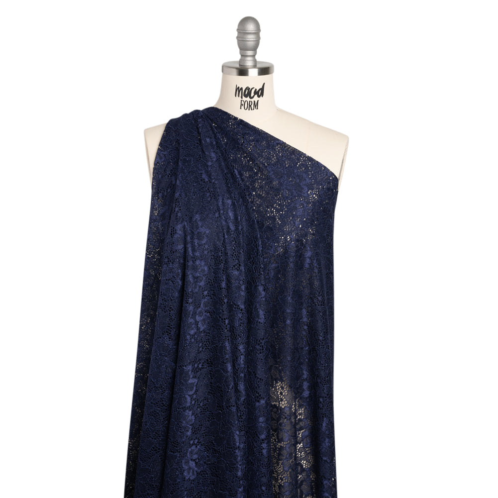 Stretch Corded Raschel Lace with All-Over Glitter - Navy on Navy Floral Stretch Corded Raschel Lace with All-Over Glitter - Navy on Navy Floral
