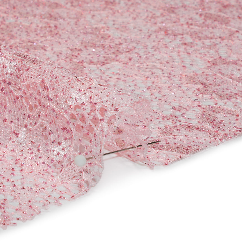 Stretch Corded Raschel Lace with All-Over Glitter - Pink on Pink Floral - Detail Stretch Corded Raschel Lace with All-Over Glitter - Pink on Pink Floral - Detail