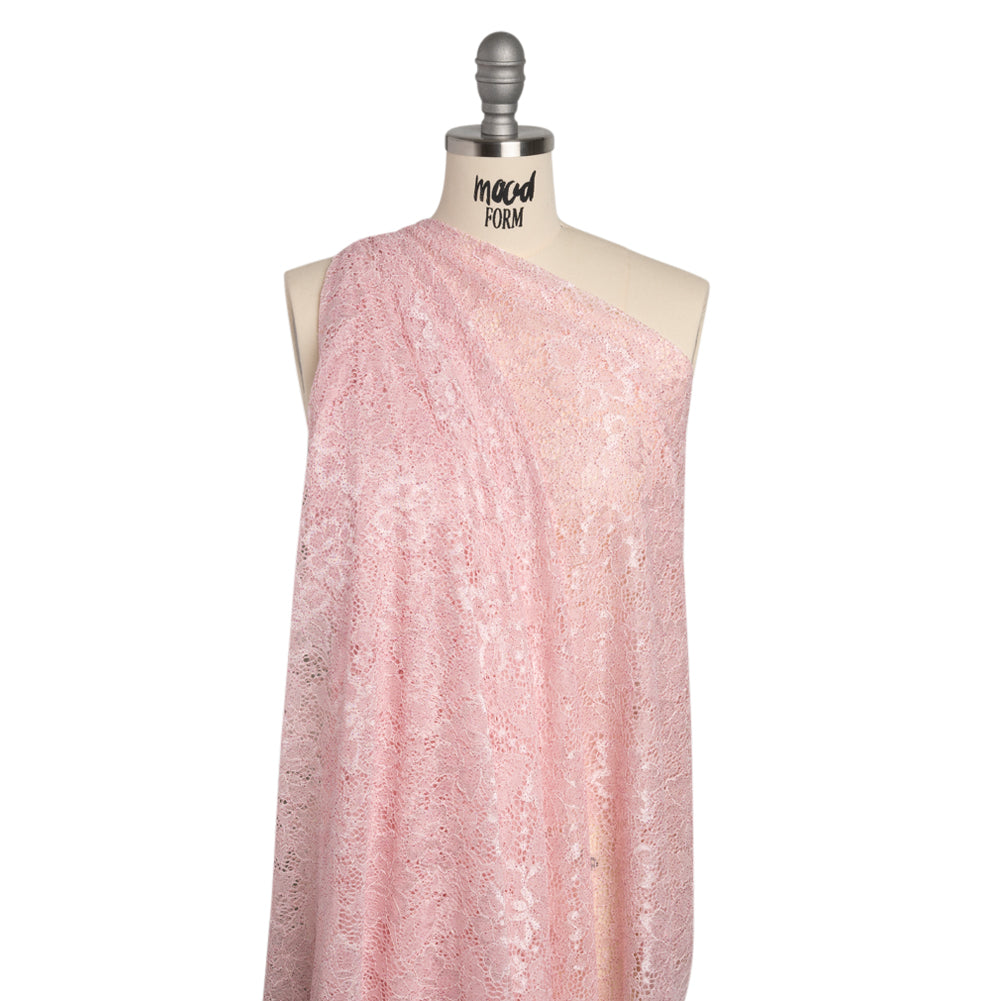 Stretch Corded Raschel Lace with All-Over Glitter - Pink on Pink Floral - Drape Stretch Corded Raschel Lace with All-Over Glitter - Pink on Pink Floral - Drape