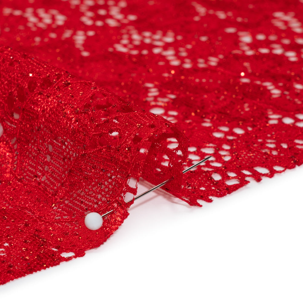 Stretch Corded Raschel Lace with All-Over Glitter - Red on Red Floral - Detail Stretch Corded Raschel Lace with All-Over Glitter - Red on Red Floral - Detail