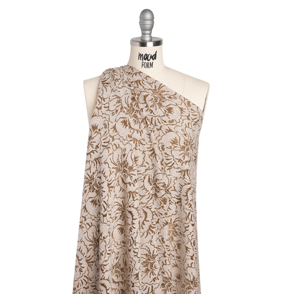 Stretch Corded Lace with Finished Edges - Cub Brown and Natural Bold Blooming Florals - Dania Collection - Drape Stretch Corded Lace with Finished Edges - Cub Brown and Natural Bold Blooming Florals - Dania Collection - Drape